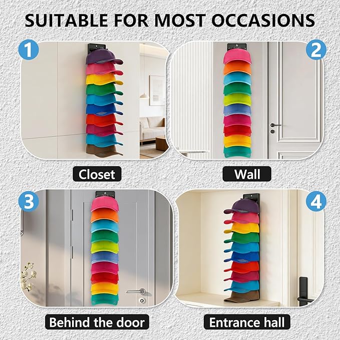 Hat Organizer for Baseball Caps with Built Spring Clips 2 Packs - Wall Mount Closet Hat Rack Holder, Storage for Wall Door/Closet Display Hat Racks Hanger (Strong Adhesive & Screws)