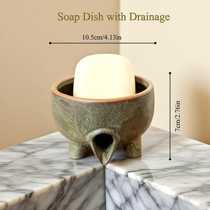 Soap Dish with Drainage，Ceramic Self Draining bar Soap Holder for Shower，Bathroom，Sink，Kitchen and Countertop，Keeps Bars Dry& Lasts Longer，Avocado Green