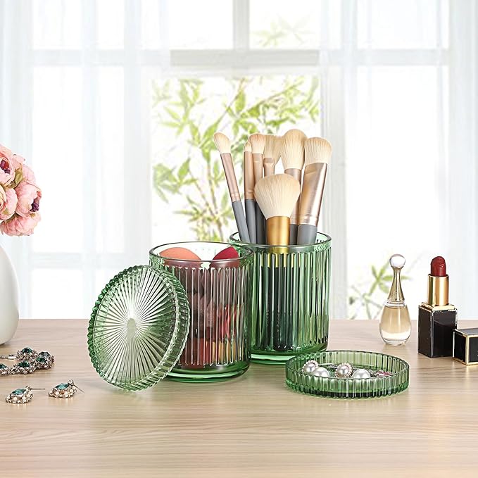 Hipiwe 2 Pcs Qtip Holders Bathroom Dispenser Glass Apothecary Jars with Lids Cotton Swab Holder Bathroom Canisters for Cotton Swabs Balls Round Pad, Vanity Organizer and Storage Decor, Green