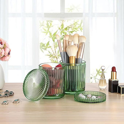 Hipiwe 2 Pcs Qtip Holders Bathroom Dispenser Glass Apothecary Jars with Lids Cotton Swab Holder Bathroom Canisters for Cotton Swabs Balls Round Pad, Vanity Organizer and Storage Decor, Green