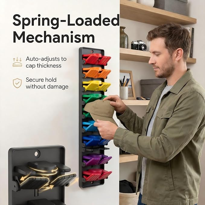 JBD Hat Organizer for Wall - No Drilling Hat Rack for Baseball Caps, 2 Pack Wall Mounted Hat Rack Holds 20 Hats, Space Saving Hat Storage for Closet Door Bedroom, Damage-Free Cap Holder