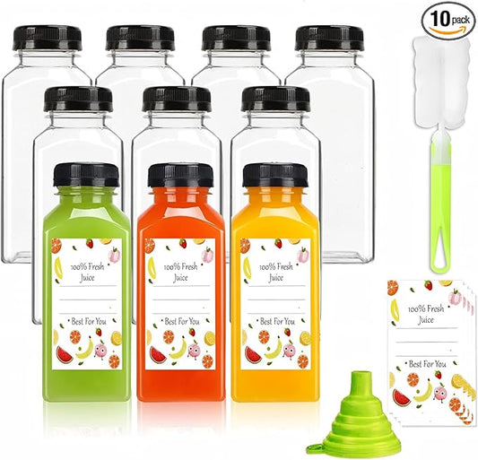 Plastic Juice Bottles with Caps 10pcs 12oz, Reusable Juice Containers with Black Tamper-Evident Lids, Clear Bottles for Juicing, Milk, Smoothie Bottle, Drinking with 10 Labels, Brush and Funnel