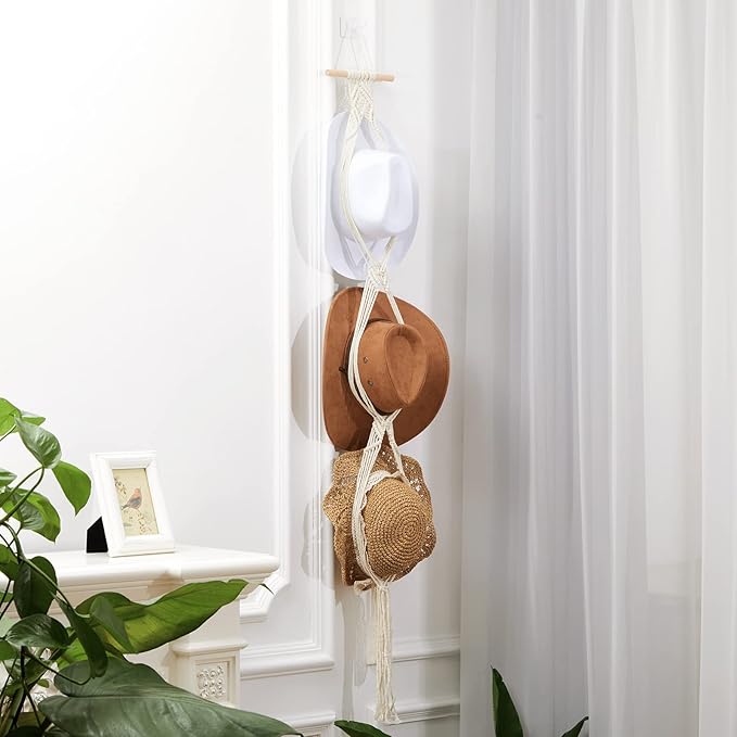 Yulejo Macrame Hat Hangers Racks Boho Cowboy Hats Holders Western Display Organizer Storage decor Back of Door for Wall (White,Three Hats Style)