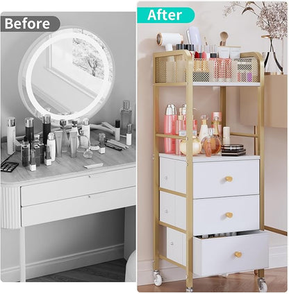HapiRm Rolling Makeup Cart Organizer - Floor Skincare Make Up Storage with 3 Non-woven Fabric Drawers, Vanity Organizer Cosmetic Display Cases Holder for Skin Care Perfume Nail Polish Brush Hair Tool
