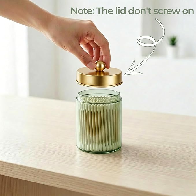 Amolliar 2Pc Glass Qtip Dispenser Holder Bathroom Vanity Storage Organizer Set -Countertop Canister with Metal Lids &Stickers Apothecary Jars for Cotton Swab, Floss Picks(Green-golden Lid)