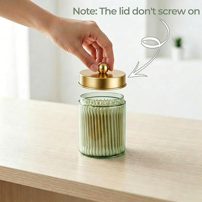 Amolliar 2Pc Glass Qtip Dispenser Holder Bathroom Vanity Storage Organizer Set -Countertop Canister with Metal Lids &Stickers Apothecary Jars for Cotton Swab, Floss Picks(Green-golden Lid)