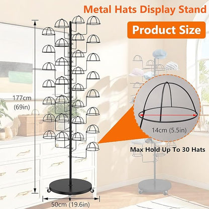 Hat Rack Stand, Metal Hats Display Stand, Standing Hat Rack, Hat Tree Stand with 30 Circular Hooks, Ball Cap Storage Organizer Rack for Stores/Home(Black)