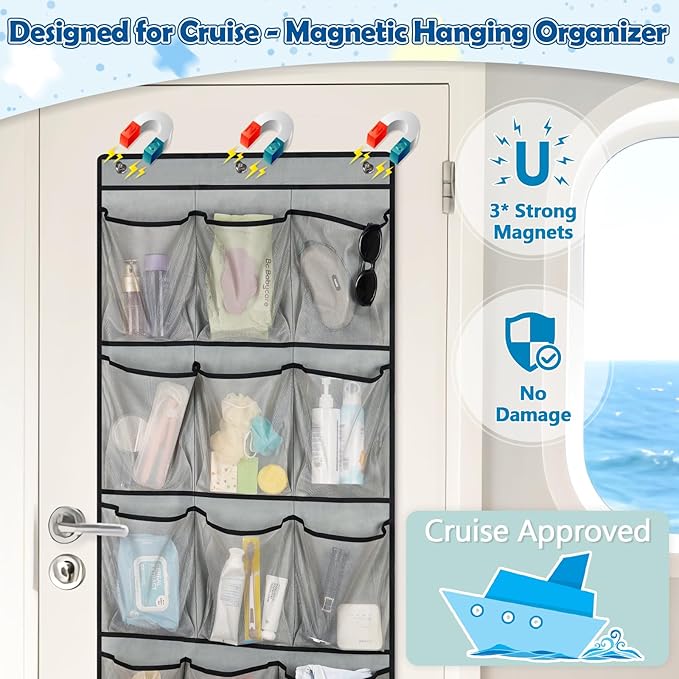 Over The Door Cruise Ship Organizer - Cruise Ship Magnetic Door Organizer with 15 Size-Graded Pockets, Hanging Magnetic Cruise Storage Shoe Rack for Cabin, 2025 Cruise Essential, 9 Hooks(Grey)