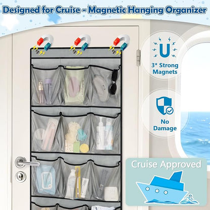 Over The Door Cruise Ship Organizer - Cruise Ship Magnetic Door Organizer with 15 Size-Graded Pockets, Hanging Magnetic Cruise Storage Shoe Rack for Cabin, 2025 Cruise Essential, 9 Hooks(Grey)