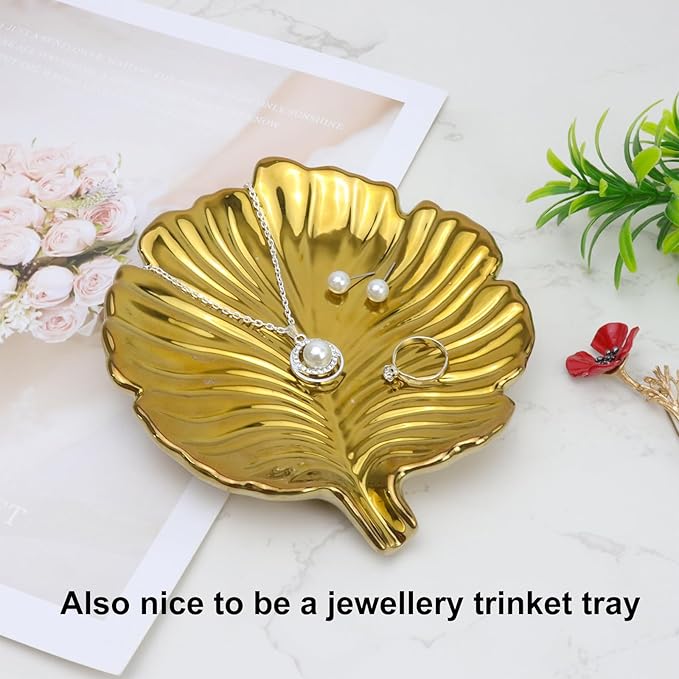 Gold Leaf Bathroom Soap Dish,Ceramic Soap Dish Holder in Palm Leaf Style,Self Draining Design and Used to Hold Various Small Bathroom and Kitchen Accessories