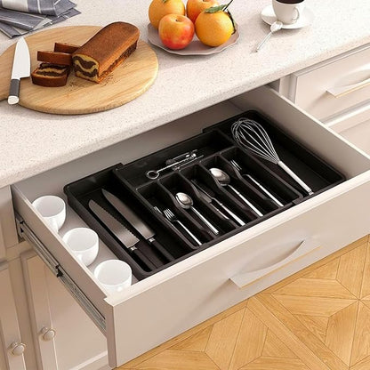 YWHWXB Silverware Drawer Organizer,Expandable Utensil Tray,Large Kitchen Drawer Organizer,Adjustable Plastic Flatware Organizer for Flatware Cutlery Spoon Knives Drawer Storage Organization (Black)