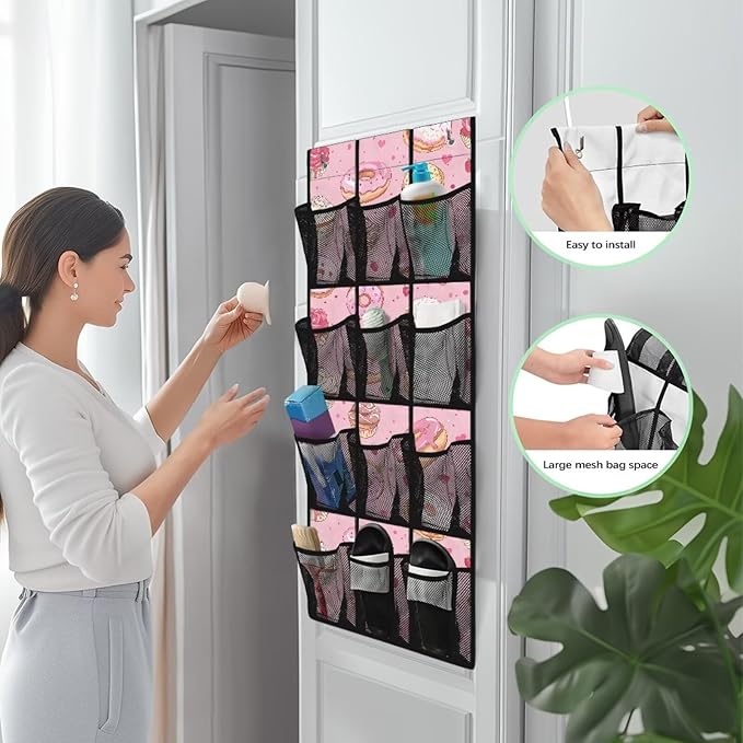 Behind The Door Organizer 12 Pockets Shoe Holder Hanger for Living Room Cookie Over The Door Shoe Organizer Bathroom Pink Wall Hanging Storage for Closet