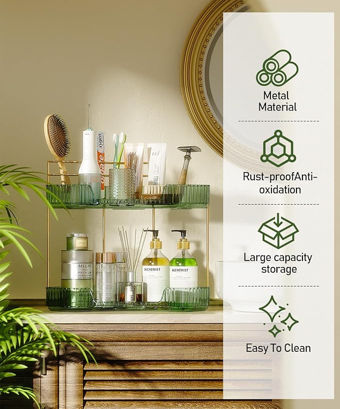 EUHOME 2-Tier Corner Bathroom Counter Organizer Makeup Cosmetic Storage, Tool-Free Installation Acrylic Vanity Shelf, Skin Care Organizer Perfume Tray for Countertop Bathroom, Dresser, Kitchen (Green)
