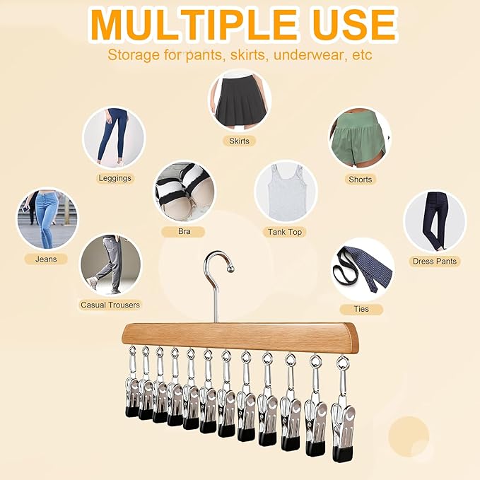 Closet Organizer with 10 Clips, 2 Pack Legging Organizer for Closet 10 Clips, Space Saving Hanging, Wooden, Multifunctional Storage for Clothes, Leggings, Sock, Jeans & More