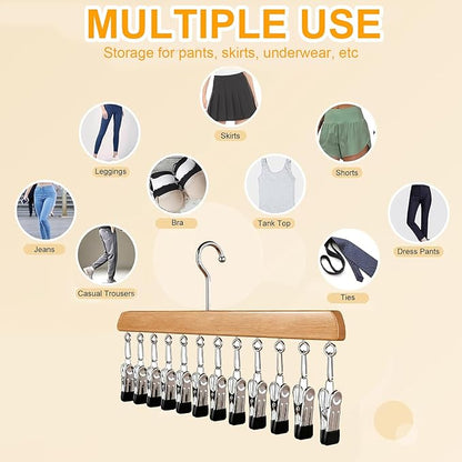 Closet Organizer with 10 Clips, 2 Pack Legging Organizer for Closet 10 Clips, Space Saving Hanging, Wooden, Multifunctional Storage for Clothes, Leggings, Sock, Jeans & More