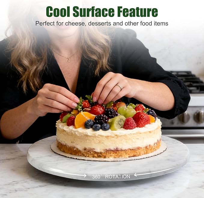 12" Marble Lazy Susan Turntable - 100% Natural Stone Round Serving Tray with Silent Spinning, Revolving Cake Stand & Cheese Board for Kitchen Countertop, Cupcake Table Display, Food, Seasoning (White)