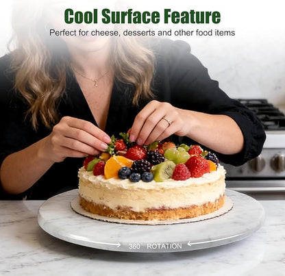12" Marble Lazy Susan Turntable - 100% Natural Stone Round Serving Tray with Silent Spinning, Revolving Cake Stand & Cheese Board for Kitchen Countertop, Cupcake Table Display, Food, Seasoning (White)