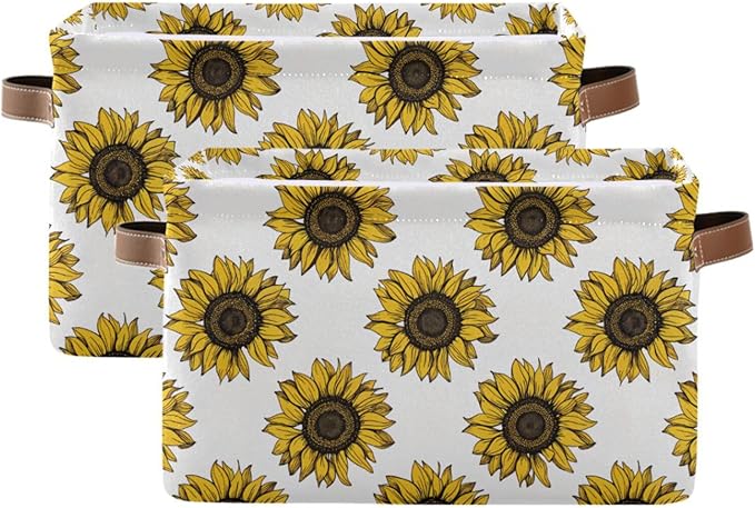 Foldable Storage Baskets Set of 2, Meadow Sunflower Storage Bins with Handles, Decorative Cloth Organizer Storage Boxes for Home|Office 15 x 11 x 9.5 in