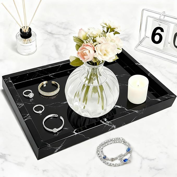 Pure Natural Marble Tray for Bathroom, Dresser, Sink. Cosmetics, toiletries, perfumes, Jewelry, Candles, etc. can be Placed (Black and White Root, 12" x 8" x 1.2")