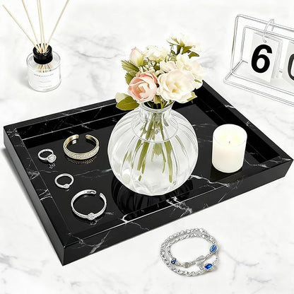 Pure Natural Marble Tray for Bathroom, Dresser, Sink. Cosmetics, toiletries, perfumes, Jewelry, Candles, etc. can be Placed (Black and White Root, 12" x 8" x 1.2")