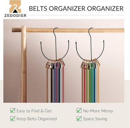 ZEDODIER Belt Hangers, Belt Rack 2 Pack Black Closet Accessories Organizers, Closet Organizer Hook Rack for Belt, Ties, Scarves, Camisoles, Hats, Bras, Shoes