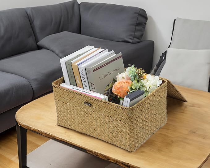 Wicker Basket with Lid, Natural Seagrass Storage Baskets for Organizing, Woven Basket for Storage, Decorative Boxes Bins with Lids Home Organizer Decor (Natural, 14.3" x 9.4" x 6.9")