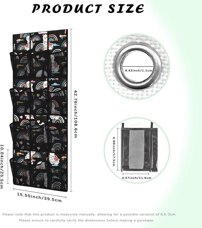 Black Behind Door Organizer 12 Pockets Door Hanging Shoe Organizer for Bedroom Space Saving Rainbow Multi-Funtion Storage Bag Large Capacity Alpaca Wall Hanging Storage