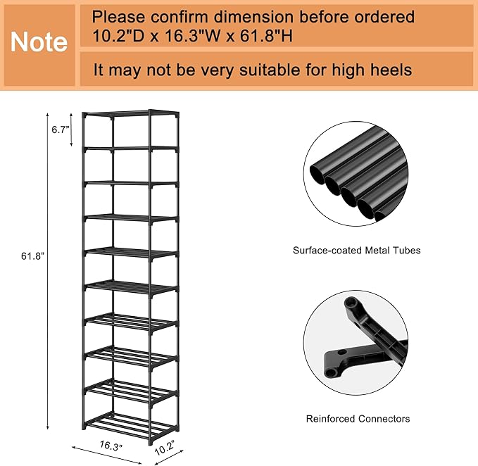 Autonomier 10 Tier Tall Shoe Rack, Narrow Lightweight Shoe Shelf, Compact Vertical Shoe Stand, Small Space Saving for Closet Floor, Dorm Storage Organizer, Front Door Entrance, Entryway