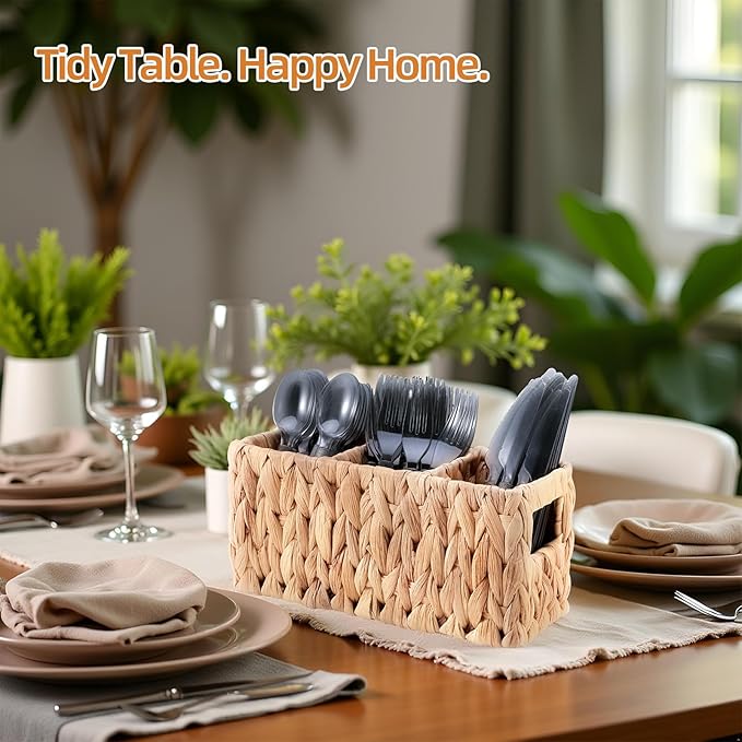 Wicker Party Silverware Caddy, Small Water Hyacinth Plastic Cutlery Utensil Holder, Hand Woven with Handles, Kitchen Countertop and Picnic flatware Organizer