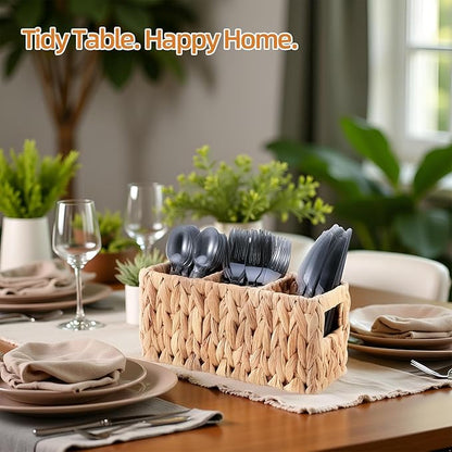 Wicker Party Silverware Caddy, Small Water Hyacinth Plastic Cutlery Utensil Holder, Hand Woven with Handles, Kitchen Countertop and Picnic flatware Organizer