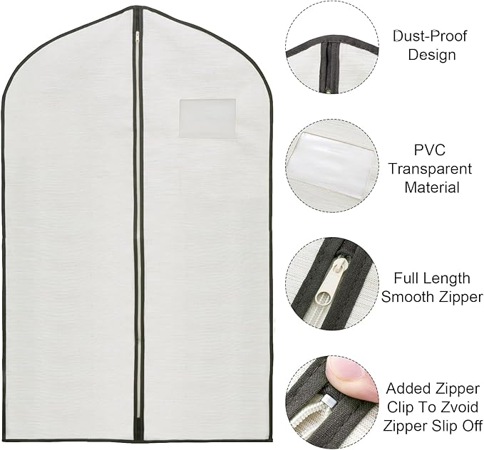 2 Pack 40x24 Inch Cloth Garment Bags, Suit Coat Cover for Hanging Clothes, Men's Greyish White Cloth Suit Bag for Fur Coats & Dress Shirts