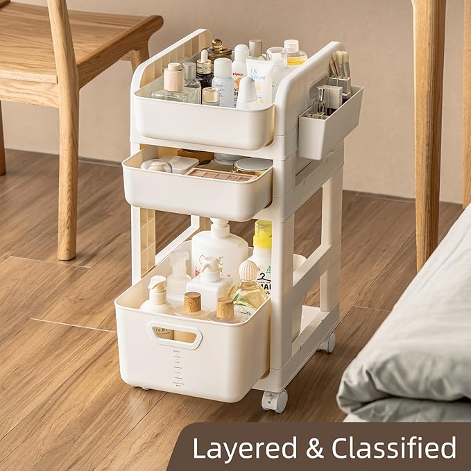 Rolling Makeup Organizer Cart with Removable Drawer, 3 Tier Stable White Floor Skincare Storage Cart for Vanity, Cosmetic Display, Nail Polish, Perfume, Hair Stuff, Beauty, Bathroom (3 Tier White)