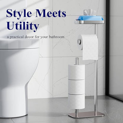 Kitsure Toilet Paper Holder Free Standing – Rustproof Metal Toilet Paper Stand for 4 Rolls with Anti-Slip Base and Shelf for Phone & Small Items, Bathroom Organizers and Storage, Medium, Chrome Silver