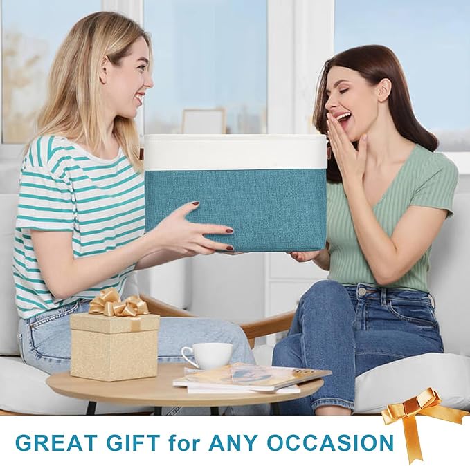 Bagnizer Storage Bins Large Fabric Storage Baskets for Shelves 3 Pack, Decorative Linen Closet Baskets with Handles for Organizing, Shelf, Clothes, Home, Office, 15x11x9.5Inches (Teal&White)