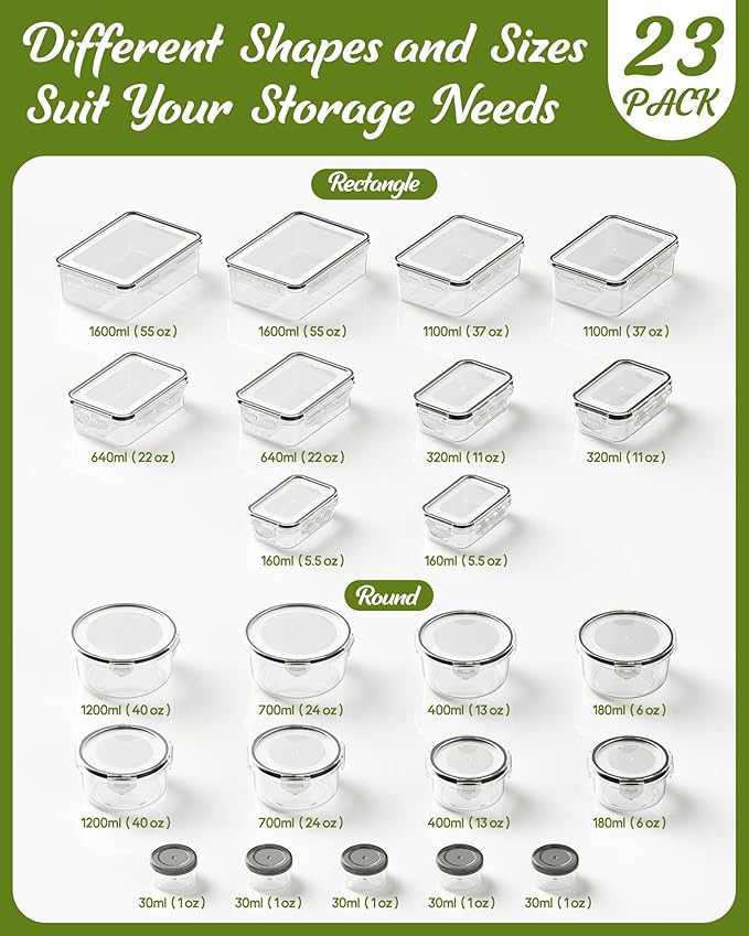 46 Piece Food Storage Containers with Lids(23 Containers & 23 Lids), BPA-Free Plastic Food Containers for Kitchen Storage and Organization, Leak Proof Meal Prep Container, Includes Labels & Pen