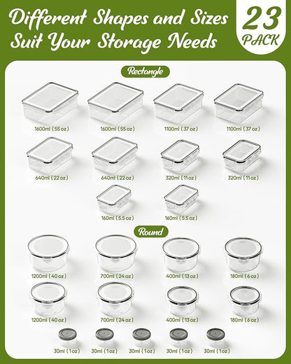 46 Piece Food Storage Containers with Lids(23 Containers & 23 Lids), BPA-Free Plastic Food Containers for Kitchen Storage and Organization, Leak Proof Meal Prep Container, Includes Labels & Pen