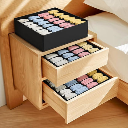 Joyoldelf Sock Drawer Organizer Divider Underwear Organizer 24-cell Fabric Dresser Drawer Organizers Storage Boxes for Socks Lingerie, Handkerchiefs, Ties 4 Pack (Black)