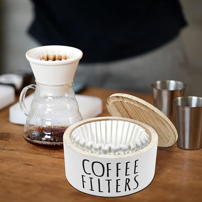 Coffee Filter Holder - Wooden Coffee Storage Container with Lid, Multipurpose Filter Dispenser, Sturdy Coffee Pod Organizer for Bar Counter Decor (White)