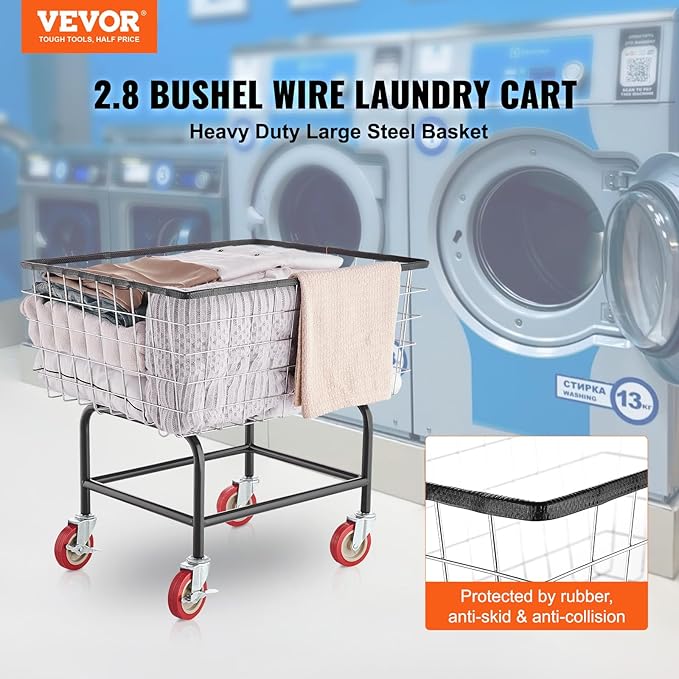 VEVOR Wire Laundry Cart, 2.8Bushel Wire Laundry Basket with Wheels, 26.7''x21.7''x26.4'' Commercial Basket Cart, Steel Frame with Chrome Finish, 4" Casters