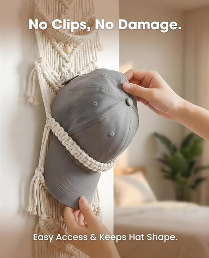 AceList 2-Pack Hat Organizer for Baseball Caps (Up To Holds 32) - Boho Wall Hanging Hat Rack & Over Door Cap Holder - Handmade Cotton Woven Storage Display for Men, Women, Room Decor