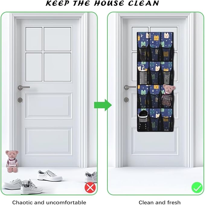 Shoe Organizer Over The Door 12 Pockets Door Hanger Organizer Bathroom Mesh Fabric Cute Cat Shoe Holder Hanger for Living Room Space Saving Wall Hanging Storage