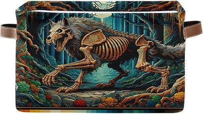 Large Storage Basket Skeletal Wolf Storage Bin Cube Canvas Fabric Organizer Handles Collapsible for Clothes Toys Bedroom Decorative