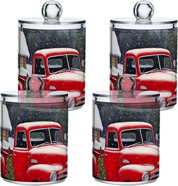 2 Pack Apothecary Jars Bathroom Red Truck Farm Christmas Qtip Holder Dispenser Clear Plastic Storage Canister Jar with Lid for Cotton Ball, Cotton Swab