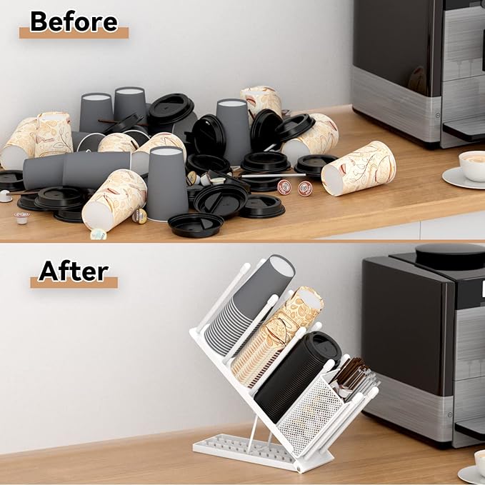 OVICAR Cup and Lid Holder - Adjustable Coffee Cup Holder Organizer 4 Compartment Disposable Paper Plastic Cup Dispenser with Straw Storage Basket for Coffee Bar Station Breakroom Countertop White