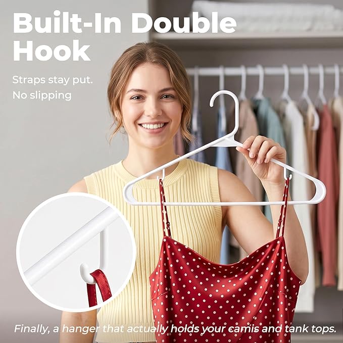 HOUSE DAY White Plastic Hangers 10 Pack, Plastic Clothes Hangers with Built-in Hooks, Durable and Strong Coat Hanger for Closet, Space Saving Clothing Hanger for Shirts, Coats, Skirt, Dress