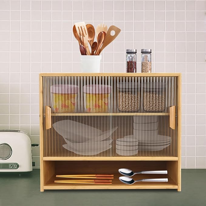 OUKANING 3 Tiers Small Bamboo Kitchen Pantry Sideboard with 2 Sliding Striped Glass Doors, Freestanding Kitchen Pantry Cabinet for Bottle, Dish, Bowl Console Dining Cupboard, Log-Colored