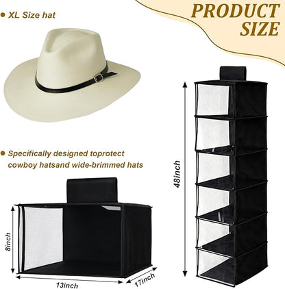 Briwooody 2 Pack XL Cowboy Hat Rack for Closet, 6 Shelf Hanging Hat Organizer for Wide Brim Caps, Dustproof Storage with Cover, Space Saving Closet Organizer for Cowboy Fedora Western Caps