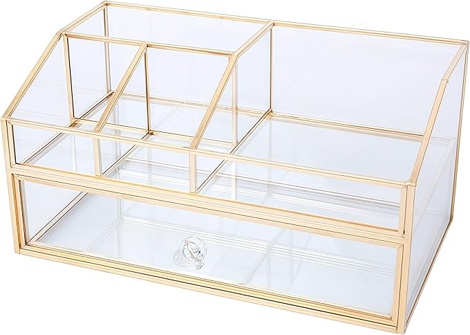 JIARI Glass Makeup Organizer with Drawer, Gold Frame Jewelry Display Box, Nordic Style Cosmetic Storage for Vanity Bathroom Bedroom Office, 9.44x5.43x4.92 Inches (Storage Box-2 Tier)