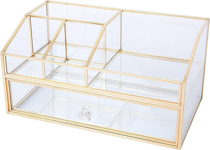JIARI Glass Makeup Organizer with Drawer, Gold Frame Jewelry Display Box, Nordic Style Cosmetic Storage for Vanity Bathroom Bedroom Office, 9.44x5.43x4.92 Inches (Storage Box-2 Tier)