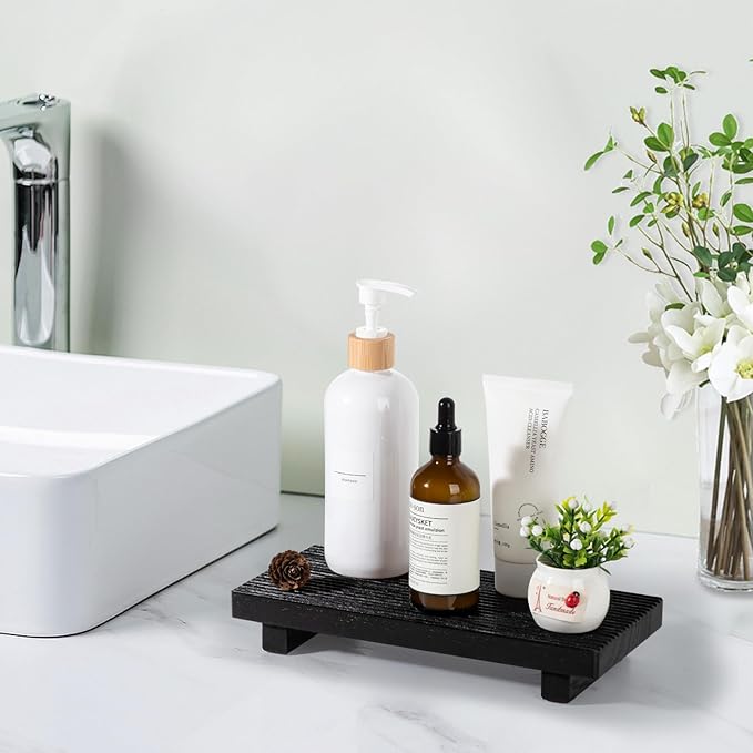 Bathroom Tray Farmhouse Decor Pedestal Stand Wood Riser Display Kitchen Accessories Soap Holder for Sink, Counter, Vanity,10 * 4.5 Black